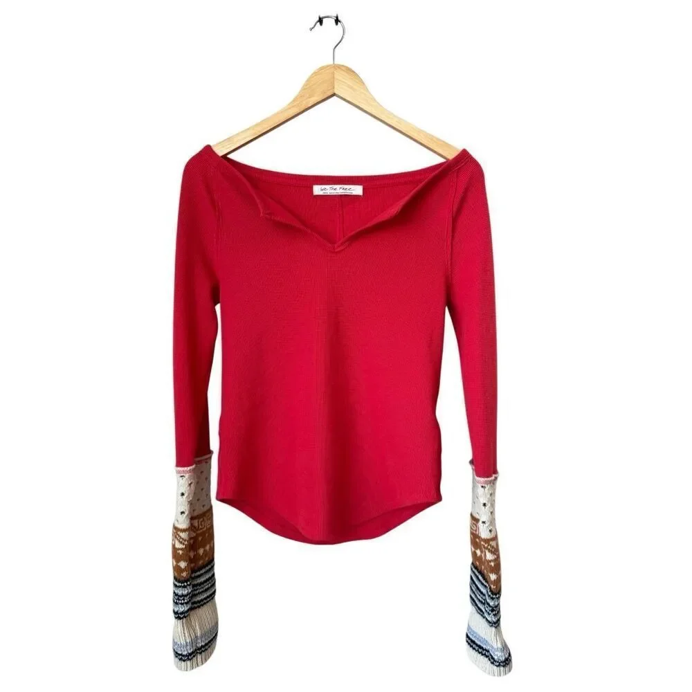 Free People Cozy Craft Cuff Top in Red Combo